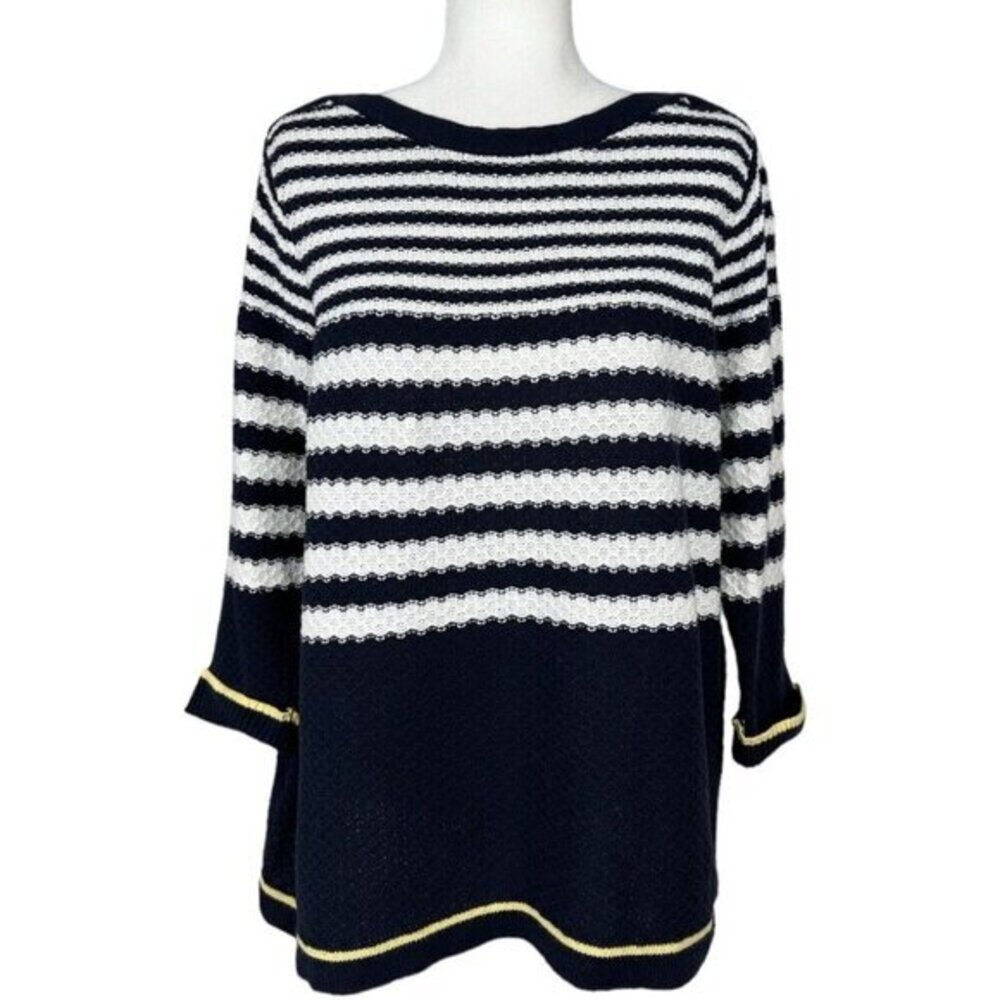 CJ Banks Womens 1X Navy Blue White Striped 100% Cotton 3/4 Sleeve Sweater Top - Picture 1 of 12